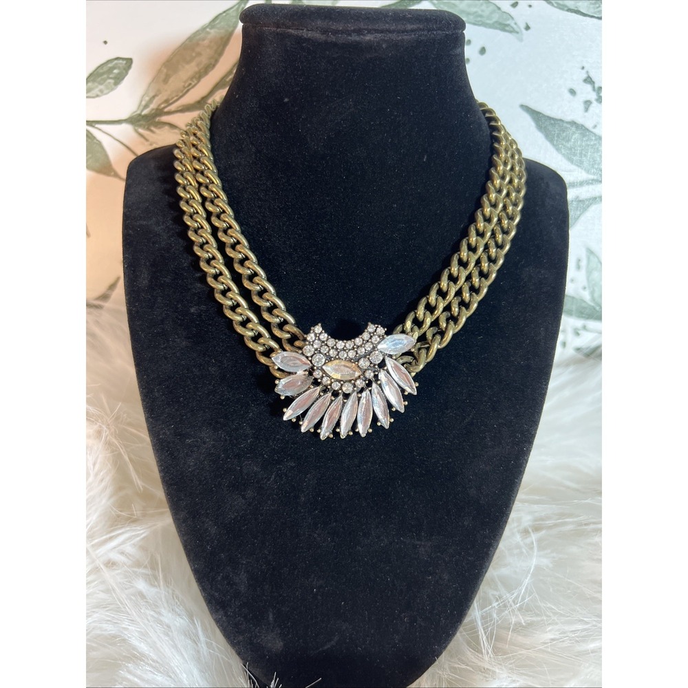 Vintage Womens Bronce Tone Double Chain Rhinestone Front Statement Necklace